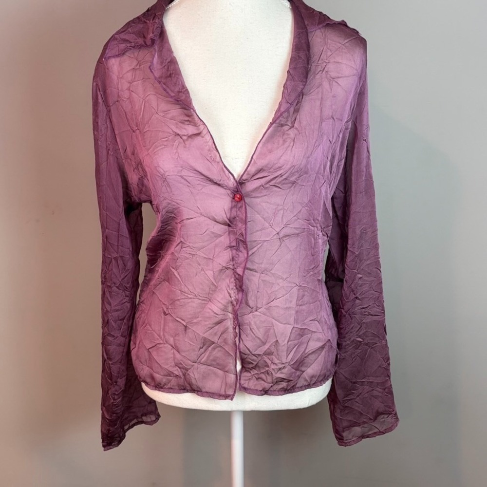 Fire Lost Angeles Y2K Purple Sheer Crinkle Blouse sz Large Fairy whimsical *Flaw